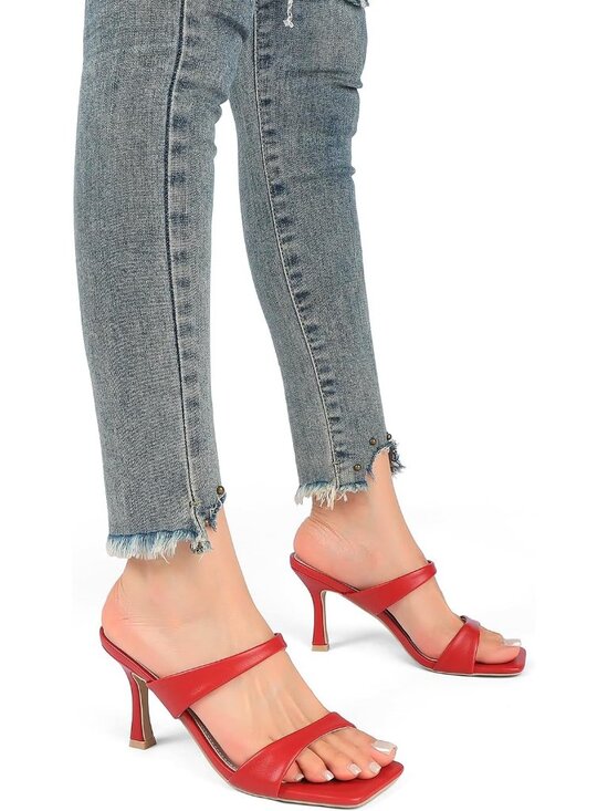Women\'s Red Two Straps Kitten Heels Stiletto Heel Square Open Toe Slip On